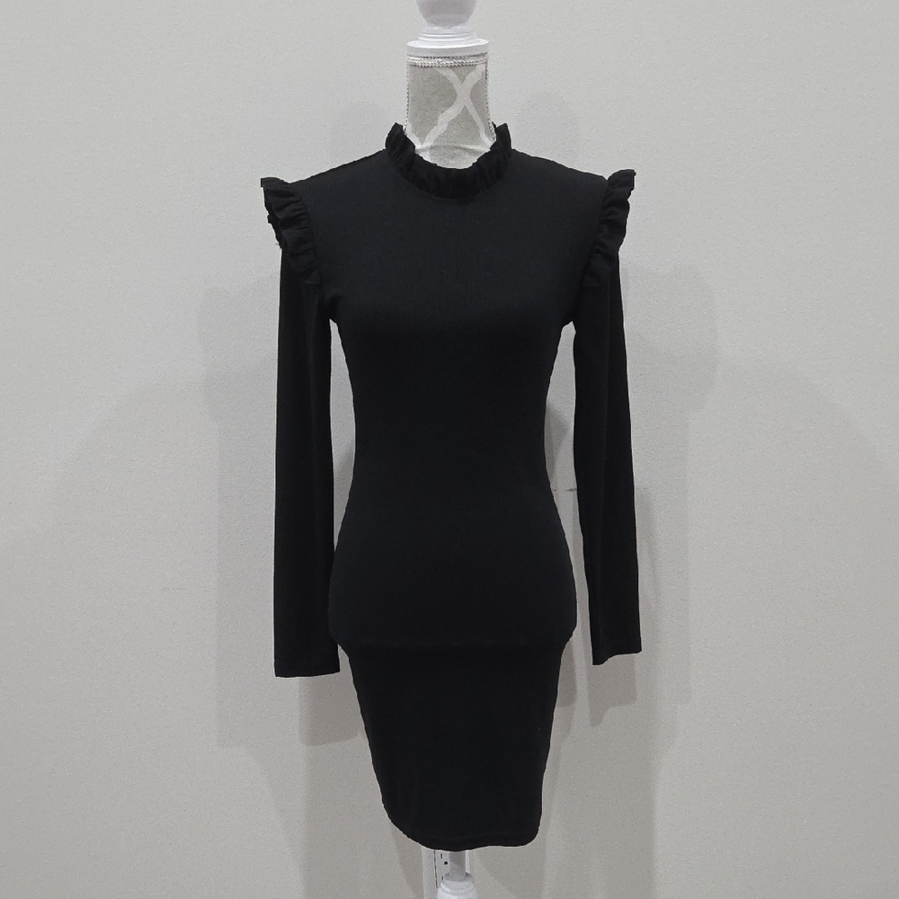 SHEIN Black Long Sleeve Ruffle Dress